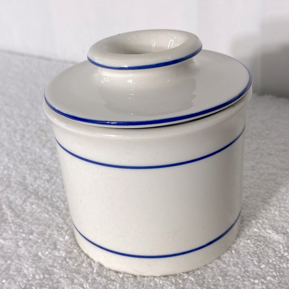 White Ceramic Butter Bell W Blue Line Accent - Picture 2 of 13